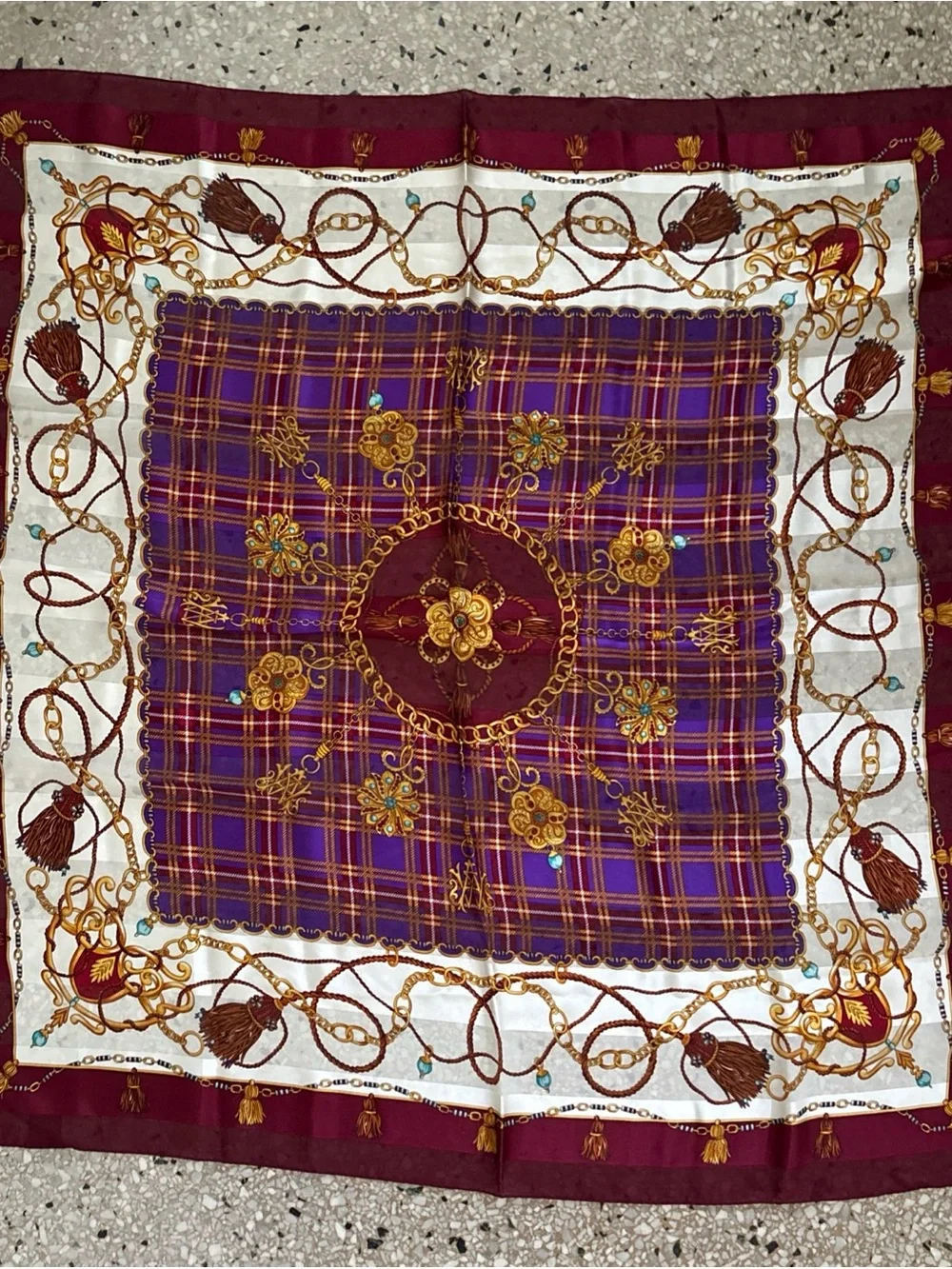 Vtg Dong-A Silk Sales Co Korea Scarf Purple Plaid Jewel Chain Tassel 34” Square